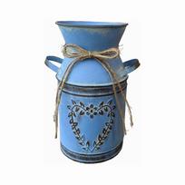 Metalinis ąsotis Shabby Chic pieno bidonas cinkuotas vaza prancūziškas kaimiškas kibiras sodybos dekoras mėlyna