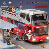 Didelis dviejų aukštų transformuojamas autobuso modelis su atsidarančiomis durimis raudona