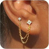 18K Gold Plated Square Ear Cuff and Chain Zircon Stud Earrings Set - Three Pieces brown