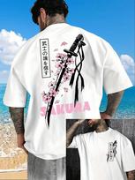 Japonų samurajų kardas su vyšnių žiedų spauda Medvilninis T-shirt vyrams ir moterims Vasara Ruduo Kasdienis Lauko Sportas Laisvalaikio Gatvės Trumpomis Rankovėmis M smėlis