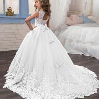 Elegantiška su pūstomis rankovėmis nėriniais princess suknelė mergaitėms - Oficiali vestuvių gėlių mergaitės suknelė su šleifu 120cm (5-6 Years) gray