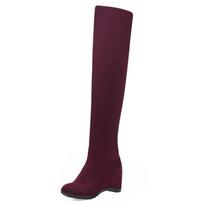 Elastic Thigh High Boots Women Winter Flock Wedge Over the Knee High Boot Ladies Footwear Party Dance Shoes Height Increasing 42 vyno raudonos spalvos