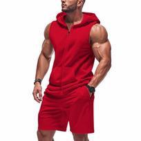 Men's Hooded Sleeveless Jacket With Pockets Casual Sports Shorts Set XXL raudona