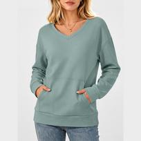 Women's Casual V-Neck Long Sleeve Pullover Sweatshirt with Pockets L žalia