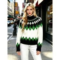 Fall Winter Women's Fair Isle Pattern Half Turtleneck Sweater, Loose Soft Rhombus Jacquard Knit Lazy Top XXL žalia