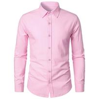 Medvilniniai lininiai marškiniai vyrams Slim Fit Tops Ilgomis rankovėmis Verslo marškinėliai Pavasario Rudens Kasdieniški formalūs vyriški marškiniai L rožinė