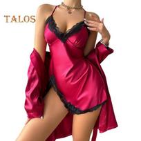 Moteriški seksualūs atlasiniai šilkiniai pižamų rinkiniai Nėriniuoti naktiniai marškiniai su chalatų komplektu Cami Mini naktinis marškinys 2 dalių kostiumas Chemise miegui XL raudona