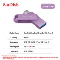 SanDisk 128GB OTG Ultra Dual Drive Go Drive USB 3.2 C tipo Flash 2-in-1 USB-A/USB-C atmintinė 64GB 256GB 512GB 1TB iki 400MB/s telefonui, PC 【64GB】 ryškios levandų spalvos