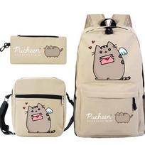 Pusheen storas katinas mielas animacinis spausdintas mokyklinė kuprinė per sieną studento nešiojama peties rankinė pieštukų dėklas trijų dalių rinkinys No specification beige