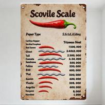 Senovinis Scoville skalės čili pipirų aitrumo lygio metalinis skardinis ženklas - Rustic senovinė sieninė plokštelė kulinariniam namų dekorui, restorano baro M 20x30cm（7.8x11.8inch） beige