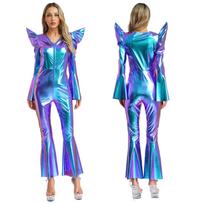 Retro 70-ųjų Disco kombinezonas moterims S-3XL: Metalinis Blizgantis Plačių Kelnaičių Jumpsuitas, Aukštas Liemuo Ilgomis Rankovėmis Su Priekiniu Užtrauktuku Klubinis Drabužis L mėlyna