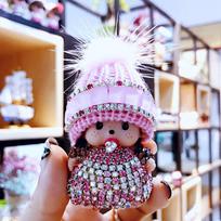 Kristalais inkrustuotas Monchhichi raktų pakabukas, megzta kepurė, audinės pakabukas, prizas iš žaidimų automato, mainų dovana Pink gray