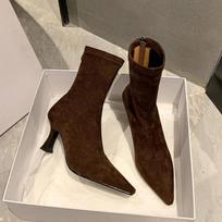 Moteriški vintage čiurnos batai Madingi smailianosiai batai Rudens Žiemos Aukštakulniai Moteriški Elegantiški Tamprios Slim Trumpi Batai 36 ruda