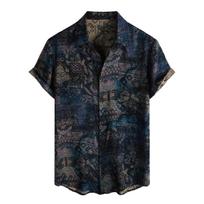 Men's Vintage Floral Print Short Sleeve Button Down Shirt Open Collar Casual Lightweight Summer Top XXXL tamsiai mėlyna