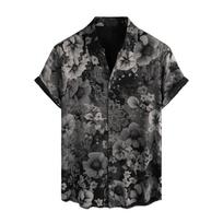 Men's Vintage Floral Print Short Sleeve Button Down Shirt Open Collar Casual Lightweight Summer Top XXXXL gray