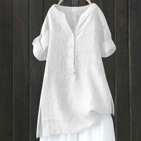 Women’s Linen Tunic Top Long Sleeve V Neck Henley Blouse Button Front Loose Fit Casual Shirt with Side Split Design XXXXXL balta