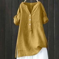 Women’s Linen Tunic Top Long Sleeve V Neck Henley Blouse Button Front Loose Fit Casual Shirt with Side Split Design XXXXL geltona