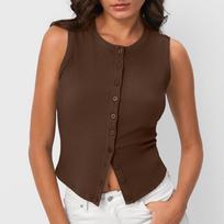 Women Sleeveless Ribbed Button Front Tank Top Round Neck Stretchy Slim Fit Casual Knit Vest L kava
