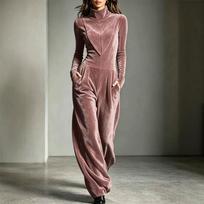 Women's Velvet High Neck Long Sleeve Jumpsuit for Casual Fashion Everyday Wear M rožinė