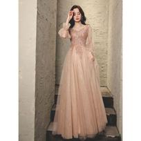 Fairy Dress 1011 New Summer Host Dignified Atmospheric Dress Long Sleeve V-Neck Banquet Evening Dress 2XL beige