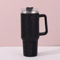 40 oz nerūdijančio plieno automobilinis termosas su strėlyte ir rankena, puoštas kalnų krištolu 40oz; 1200ml juoda