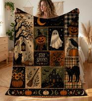Stay Spooky patchwork antklodė, vintage Helovino užklotas, kotedžo stiliaus rudens kambario dekoras, raganų dvasios juodo katino dovanų idėjos antklodė 75cm*90cm black