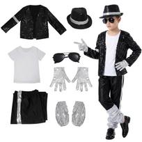 Michael Jackson 7 dalių berniukų Helovino kostiumų rinkinys - Retro vaidmenų žaidimų vakarėlio apranga L white