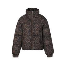 Moterims Skraidanti striukė su leopardo raštu, stovima apykakle, užtrauktuku, raišteliu surišamu apvadu, laisva, trumpa, šilta, žieminė, su pamušalu, šoninėmis kišenėmis, palto viršutinis drabužis M chaki