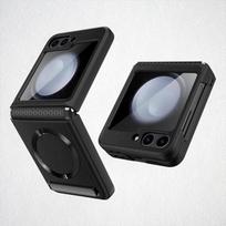 Magnetinis atlenkiamas stovas Magsafe telefono dėklui, skirtas Samsung Galaxy Z Flip 7 5 Flip6 Flip5 5G, vyrių apsauga, stiklinė plėvelė, odinis dangtelis Flip juoda