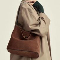 Bucket Bag Lazy Wind Imitation Suede Tote Bag Retro Trend Shoulder Bag Underarm Bag Large Capacity 24*28*12 tamsiai ruda spalva