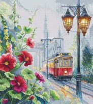 Kryželiu siuvinėjimo rinkinys „Rytinis tramvajus“ 24,5x27 cm, miesto peizažo paveikslas ant Aida 16 ct drobės
