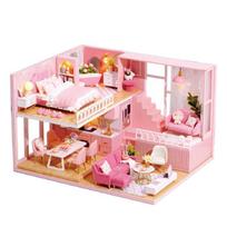 Lėlių namelio rinkinys 3D medinis mini lėlių namelis surinkimui su baldų rinkiniu žaislai vaikų gimtadienio dovana 3D dėlionė rankų darbo pink