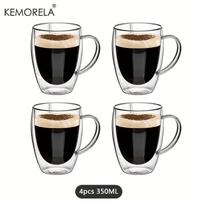 2/4/6 vnt. 350 ml dvigubos sienelės stiklinis kavos puodelis su rankena, skaidrus stiklinis kapučino puodelis, kavos, pieno arbatos, sulčių, arbatos puodelis 301-400ml gray