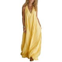 Vasarinė suknelė be rankovių, ilga, moterims, boho, V formos iškirpte, paplūdimio, laisva, vasarinė suknelė, laisvalaikio, A silueto, ilga suknelė S geltona
