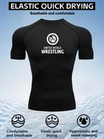 Vyriški balti United World Wrestling spaudinio kompresiniai marškinėliai, greitai džiūstantis kvėpuojantis treniruočių viršus M juoda