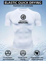 Vyriški balti United World Wrestling spaudinio kompresiniai marškinėliai, greitai džiūstantis kvėpuojantis treniruočių viršus M balta