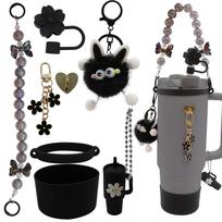 Stanley Cup Holder Set: Water Cup Sleeve, Straw Cap, Plush Elf Pendant Accessories. black