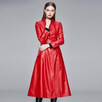 Rudens Naujas Odinis Paltas Moteriškas Ilgas Odinis Vėjo Paltai Stovu Apykakle Slim Fit Moteriškas Korėjietiškas Odinis Paltas 5XL red