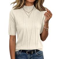 Women’s Short Sleeve Knit Sweater Top Ribbed Crew Neck Pullover Soft Lightweight Pattern Casual Style S smėlis