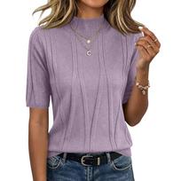 Women’s Short Sleeve Knit Sweater Top Ribbed Crew Neck Pullover Soft Lightweight Pattern Casual Style M violetinė