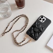Prabangus stilingas odinis piniginės dėklas iPhone 13 14 15, kortelių laikiklis, crossbody grandinėlės dirželis, dirželis, telefono dangtelis iPhone 16 Pro Opp Bag&For iPhone 16 pro max juoda