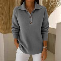 Women's Long Sleeve Pullover Sweater Button Front Knit Top with Collar Casual Lightweight Soft Fabric L gray