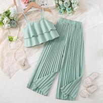 Vasaros mergaičių rūbai, kostiumai, tvirti raukiniai be rankovių ir elastingi juosmens klostuotos plačios kelnės, 2 vnt. 9Y žalia