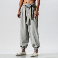 Lace Up Chinese Kung Fu Pants Tai Chi Wushu Training Trousers Breathable Loose Sports Martial Arts Bottoms for Men Daily Practice M šviesiai pilka spalva