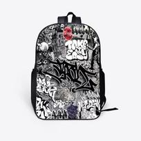 Juodai baltos grafiti kuprinės pradinių ir vidurinių mokyklų mokiniams, madingi gaminiai, pralaidūs orui, itin lengvi, sumažinantys krūvį, animaciniai paveikslėliai 43*33*3 black