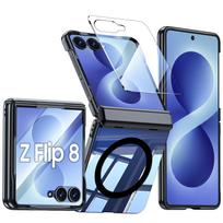 Samsung Galaxy Z Flip 8 apsauginis dėklas su pilna vyrio apsauga, magnetiniu laikikliu ir smūgiams atspariu dizainu - Mėlynas juoda