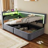 Upholstered Sofa Bed 90x200 cm With LED Lighting and USB Charging Ports. Headboard Opens Storage. Hydraulic Storage Under Bed, Velvet Fabric Dark Grey 218 x 99 x 87 cm pilka