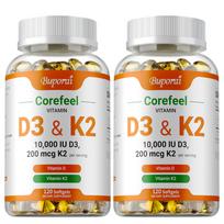 Vitaminas D3 K2 minkštos kapsulės 10000 TV 200 mcg 120 vnt. — Kaulų sveikata, Imuninės sistemos palaikymas, Kalcio absorbcija 120*2