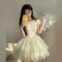 Summer French Bow Jacquard Organza Fairy Dress Female Fugitive Princess Fluffy Short Skirt M beige