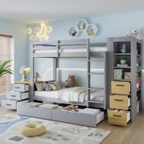 Grey Bunk Bed 90x200 cm made of Wood, Bunk Bed with 2 Storage Boxes, Side Storage Shelf, Drawers, Ladder and Freely Placeable Nightstand 239 x 102.5 x 150 cm
